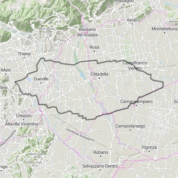 Karttaminiaatyyri "Tezze sul Brentan ympäripyöräilyreitti" pyöräilyinspiraatiosta alueella Veneto, Italy. Luotu Tarmacs.app pyöräilyreittisuunnittelijalla