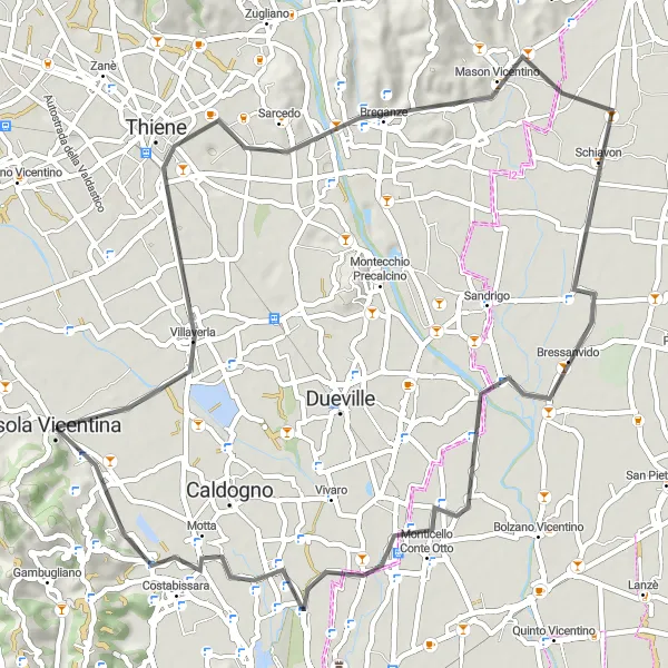 Kartminiatyr av "Thiene til Costabissara Road Route" sykkelinspirasjon i Veneto, Italy. Generert av Tarmacs.app sykkelrutoplanlegger