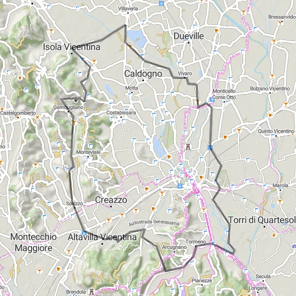 Miniatuurkaart van de fietsinspiratie "Isola Vicentina naar Castelnovo Fietstocht" in Veneto, Italy. Gemaakt door de Tarmacs.app fietsrouteplanner