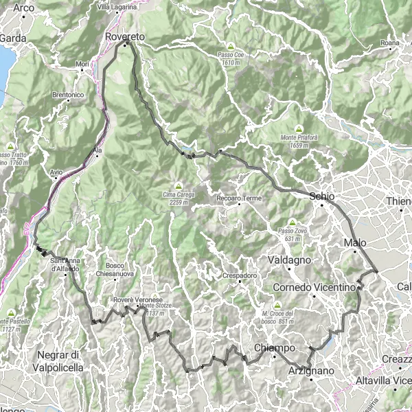 Map miniature of "Extreme Cycling Challenge: Monte Mori and Camposilvano" cycling inspiration in Veneto, Italy. Generated by Tarmacs.app cycling route planner