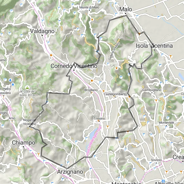 Miniature de la carte de l'inspiration cycliste "Les collines de Vicentine" dans la Veneto, Italy. Générée par le planificateur d'itinéraire cycliste Tarmacs.app