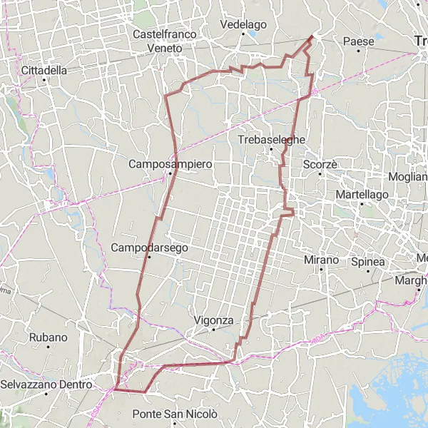 Miniatura della mappa di ispirazione al ciclismo "Sentieri nella natura" nella regione di Veneto, Italy. Generata da Tarmacs.app, pianificatore di rotte ciclistiche