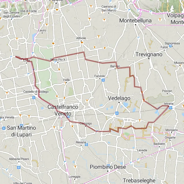 Miniatura della mappa di ispirazione al ciclismo "Esperienza Gravel tra Istrana e Riese Pio X" nella regione di Veneto, Italy. Generata da Tarmacs.app, pianificatore di rotte ciclistiche