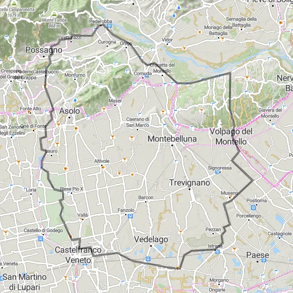 Miniatua del mapa de inspiración ciclista "Ruta de ciclismo de carretera Castelfranco Veneto - Musano" en Veneto, Italy. Generado por Tarmacs.app planificador de rutas ciclistas