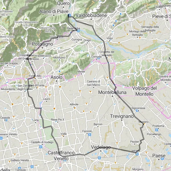 Map miniature of "The Montebelluna Scenic Route" cycling inspiration in Veneto, Italy. Generated by Tarmacs.app cycling route planner