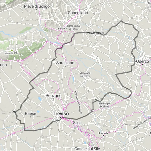 Miniatura della mappa di ispirazione al ciclismo "Tour tra le campagne venete" nella regione di Veneto, Italy. Generata da Tarmacs.app, pianificatore di rotte ciclistiche