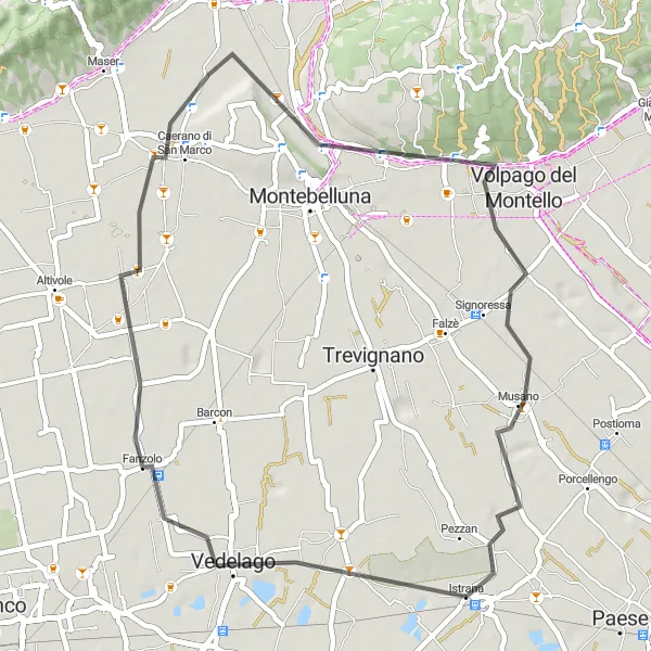 Miniatura della mappa di ispirazione al ciclismo "Giro in Bicicletta da Istrana a Caerano di San Marco" nella regione di Veneto, Italy. Generata da Tarmacs.app, pianificatore di rotte ciclistiche