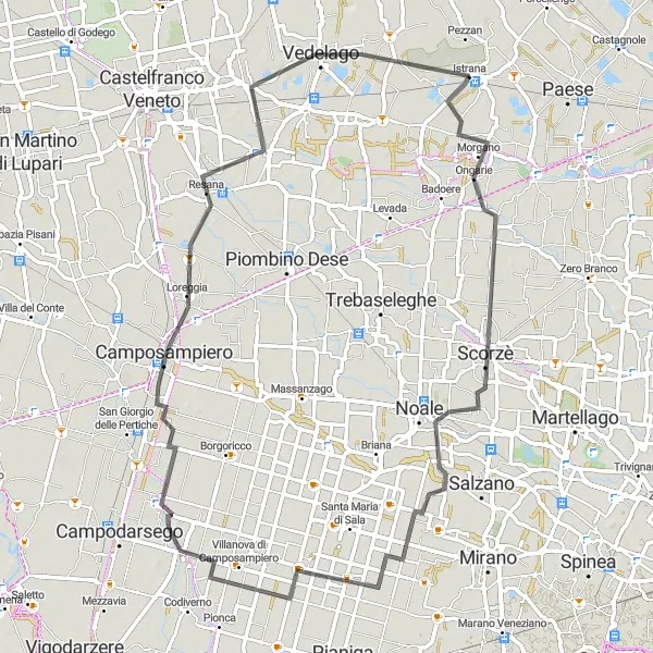 Karttaminiaatyyri "Scorzè - Loreggia - Vedelago Circuit" pyöräilyinspiraatiosta alueella Veneto, Italy. Luotu Tarmacs.app pyöräilyreittisuunnittelijalla