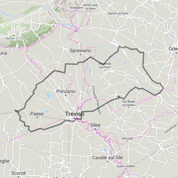 Miniatura della mappa di ispirazione al ciclismo "Giro in Bicicletta da Istrana a Treviso" nella regione di Veneto, Italy. Generata da Tarmacs.app, pianificatore di rotte ciclistiche