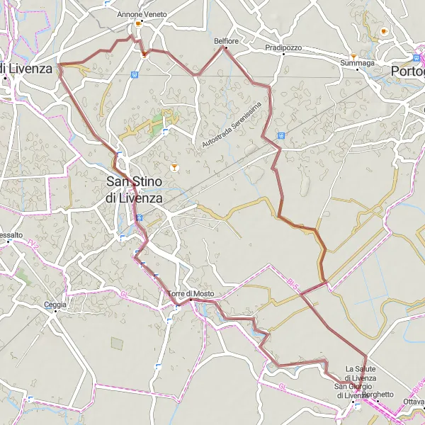 Map miniature of "Torre di Mosto Gravel Ride" cycling inspiration in Veneto, Italy. Generated by Tarmacs.app cycling route planner