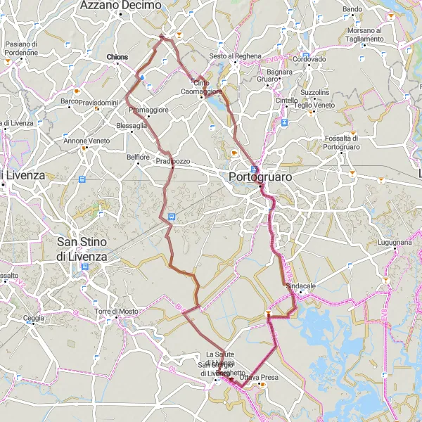 Map miniature of "La Salute di Livenza Gravel Circuit" cycling inspiration in Veneto, Italy. Generated by Tarmacs.app cycling route planner