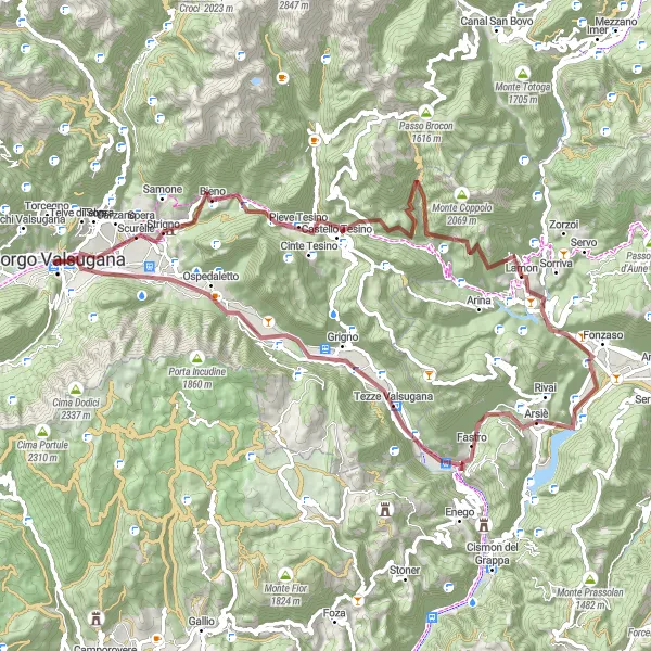 Kartminiatyr av "Grusvei eventyr fra Lamon: Utforsk utfordrende stier og naturskjønne omgivelser" sykkelinspirasjon i Veneto, Italy. Generert av Tarmacs.app sykkelrutoplanlegger
