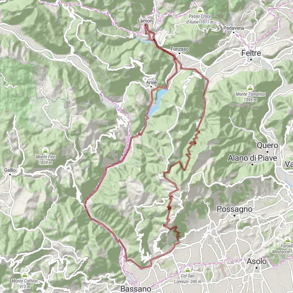 Miniaturní mapa "Okruh kolem Lamonu" inspirace pro cyklisty v oblasti Veneto, Italy. Vytvořeno pomocí plánovače tras Tarmacs.app