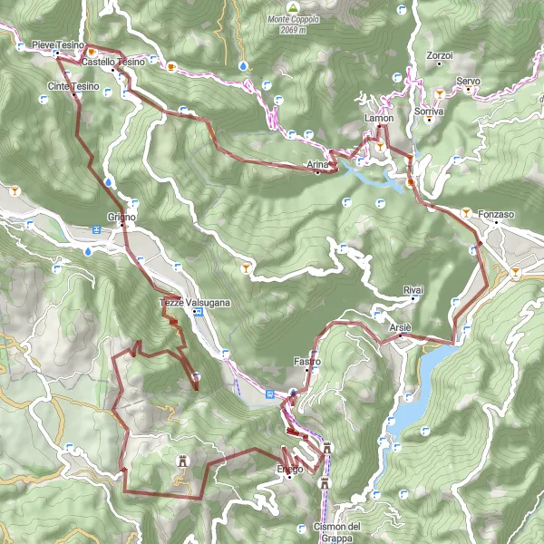 Map miniature of "Adventurous Gravel Ride through Valsugana" cycling inspiration in Veneto, Italy. Generated by Tarmacs.app cycling route planner