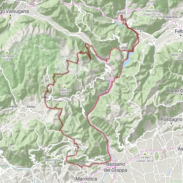 Mapa miniatúra "Gravel okolo Lamon" cyklistická inšpirácia v Veneto, Italy. Vygenerované cyklistickým plánovačom trás Tarmacs.app