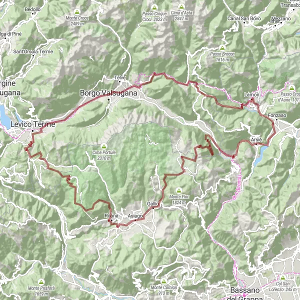 Mapa miniatúra "Cyklotrasa cez Asiago a Monte Spill" cyklistická inšpirácia v Veneto, Italy. Vygenerované cyklistickým plánovačom trás Tarmacs.app