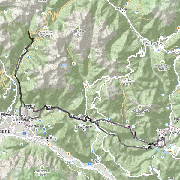 Karttaminiaatyyri "Lamon Colle Costion Ring Road Cycling Route" pyöräilyinspiraatiosta alueella Veneto, Italy. Luotu Tarmacs.app pyöräilyreittisuunnittelijalla