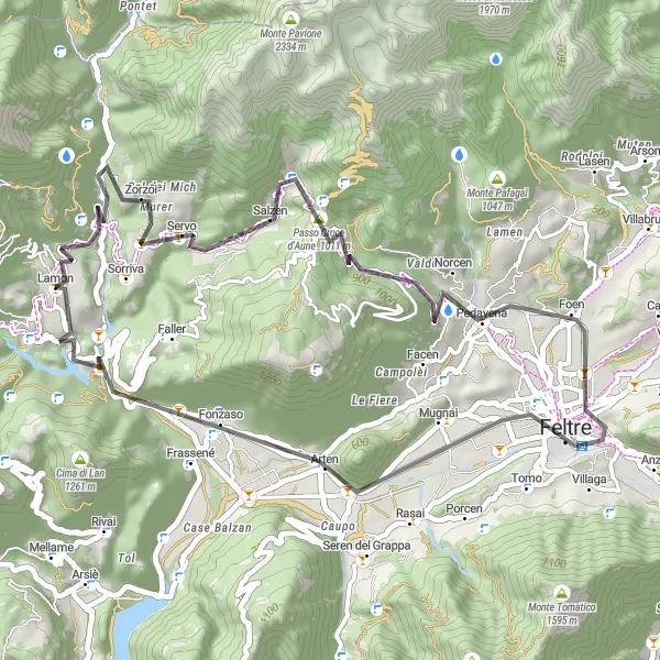 Map miniature of "A Scenic Road Adventure Around Lamon" cycling inspiration in Veneto, Italy. Generated by Tarmacs.app cycling route planner