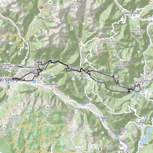 Kartminiatyr av "Utforsk utfordrende veier fra Lamon til Castello Tesino" sykkelinspirasjon i Veneto, Italy. Generert av Tarmacs.app sykkelrutoplanlegger