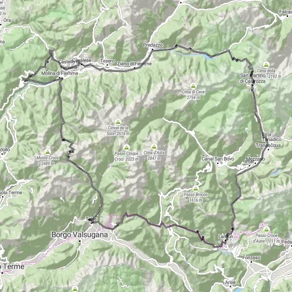 Miniatua del mapa de inspiración ciclista "Ruta desafiante de 173 km con vistas impresionantes cerca de Lamon" en Veneto, Italy. Generado por Tarmacs.app planificador de rutas ciclistas