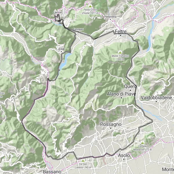 Miniatua del mapa de inspiración ciclista "Ruta escénica de 113 km cerca de Lamon" en Veneto, Italy. Generado por Tarmacs.app planificador de rutas ciclistas