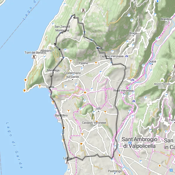 Miniaturní mapa "Okruh kolem Lazise skrz Bardolino" inspirace pro cyklisty v oblasti Veneto, Italy. Vytvořeno pomocí plánovače tras Tarmacs.app