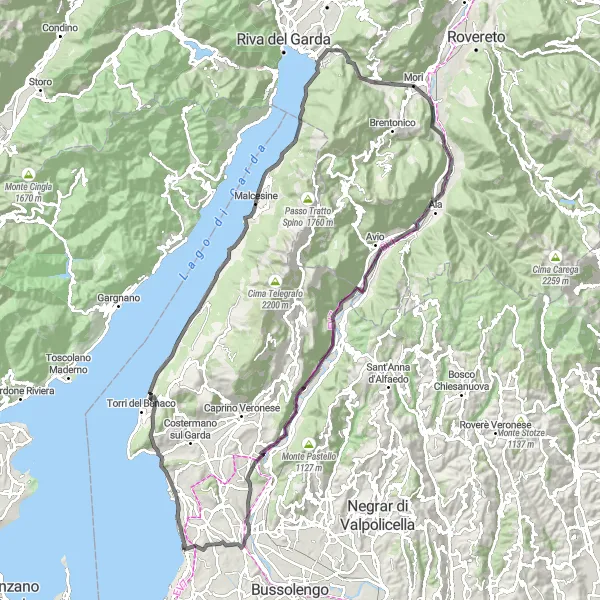 Miniatuurkaart van de fietsinspiratie "Lazise naar Malcesine en terug" in Veneto, Italy. Gemaakt door de Tarmacs.app fietsrouteplanner