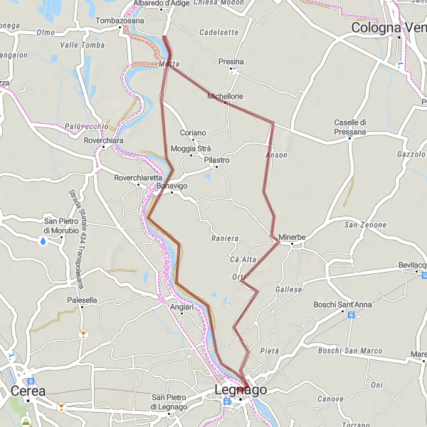 Miniatura della mappa di ispirazione al ciclismo "Avventura in Gravel tra Angiari e Legnago" nella regione di Veneto, Italy. Generata da Tarmacs.app, pianificatore di rotte ciclistiche