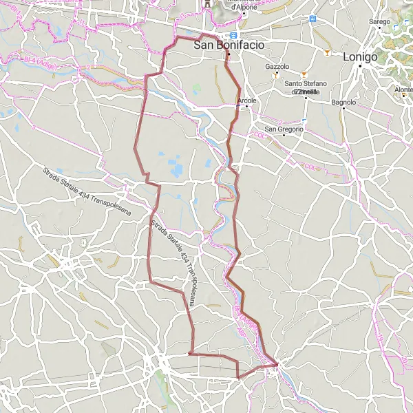 Map miniature of "Legnago and Surrounding Gravel Adventure" cycling inspiration in Veneto, Italy. Generated by Tarmacs.app cycling route planner