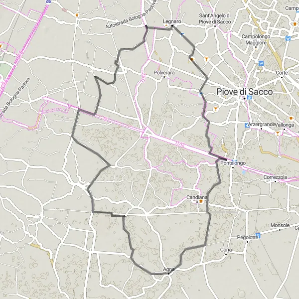 Miniatura della mappa di ispirazione al ciclismo "Giro in bicicletta da Legnaro a Roncajette" nella regione di Veneto, Italy. Generata da Tarmacs.app, pianificatore di rotte ciclistiche