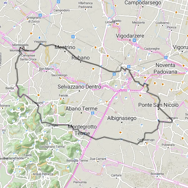 Miniatua del mapa de inspiración ciclista "Excursión en Bicicleta por los Alrededores de Legnaro" en Veneto, Italy. Generado por Tarmacs.app planificador de rutas ciclistas