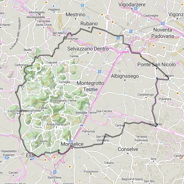 Kartminiatyr av "Utmanande cykling runt San Pietro Viminario" cykelinspiration i Veneto, Italy. Genererad av Tarmacs.app cykelruttplanerare