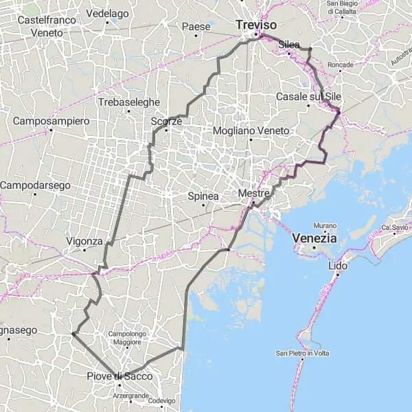 Mapa miniatúra "Trasa do Favaro Veneto cez Scorzè" cyklistická inšpirácia v Veneto, Italy. Vygenerované cyklistickým plánovačom trás Tarmacs.app