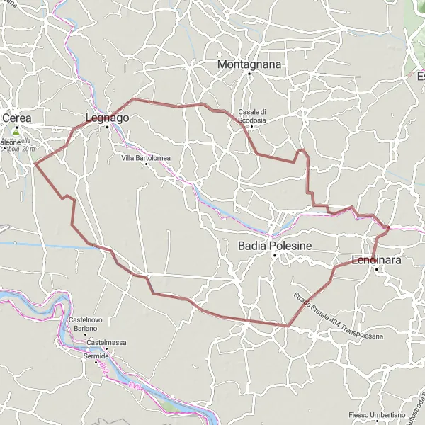 Miniatua del mapa de inspiración ciclista "Ruta de ciclismo de grava de 88 km desde Lendinara" en Veneto, Italy. Generado por Tarmacs.app planificador de rutas ciclistas