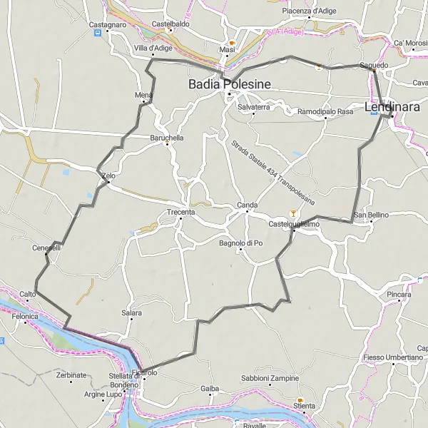 Miniatura della mappa di ispirazione al ciclismo "Road tra Castelguglielmo e Lendinara" nella regione di Veneto, Italy. Generata da Tarmacs.app, pianificatore di rotte ciclistiche