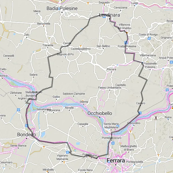 Karttaminiaatyyri "Mäkisellä maantiellä Lendinarasta Ramodipalon keskustaan" pyöräilyinspiraatiosta alueella Veneto, Italy. Luotu Tarmacs.app pyöräilyreittisuunnittelijalla