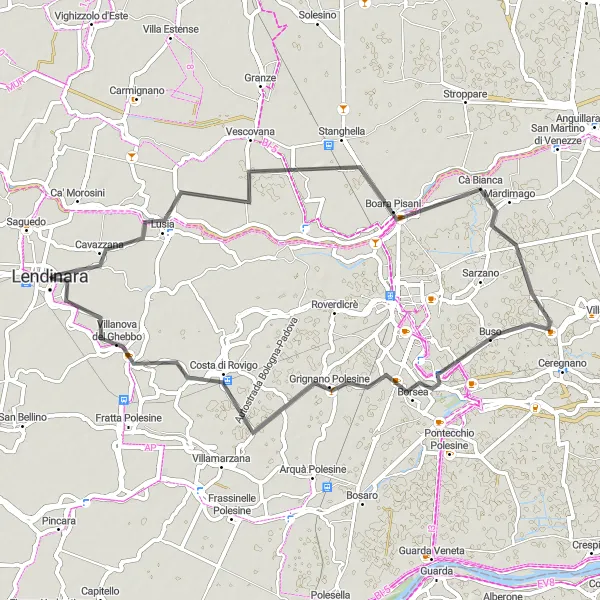 Miniatura della mappa di ispirazione al ciclismo "Countryside Road Loop through Boara Pisani and Mardimago" nella regione di Veneto, Italy. Generata da Tarmacs.app, pianificatore di rotte ciclistiche