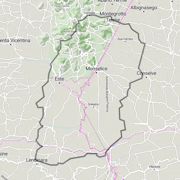 Miniatua del mapa de inspiración ciclista "Ruta de 100 km en bicicleta de carretera desde Lendinara" en Veneto, Italy. Generado por Tarmacs.app planificador de rutas ciclistas