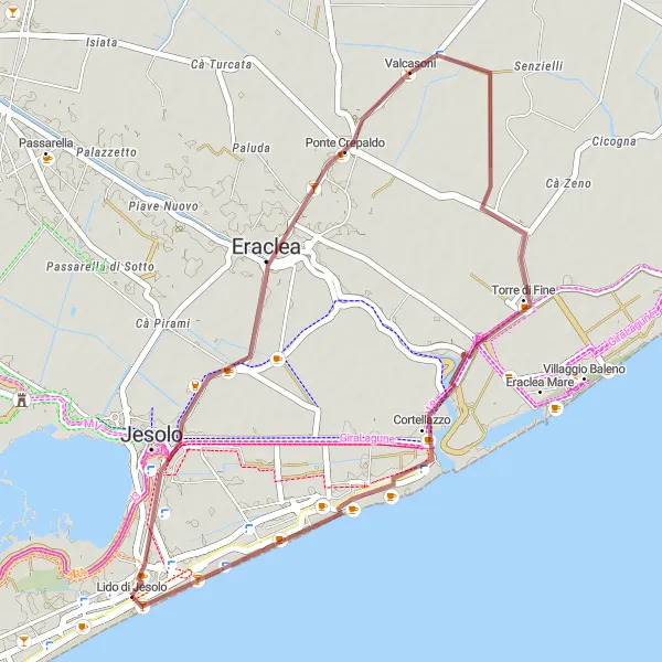 Miniaturní mapa "Gravelová cyklotrasa kolem Lido di Jesolo" inspirace pro cyklisty v oblasti Veneto, Italy. Vytvořeno pomocí plánovače tras Tarmacs.app