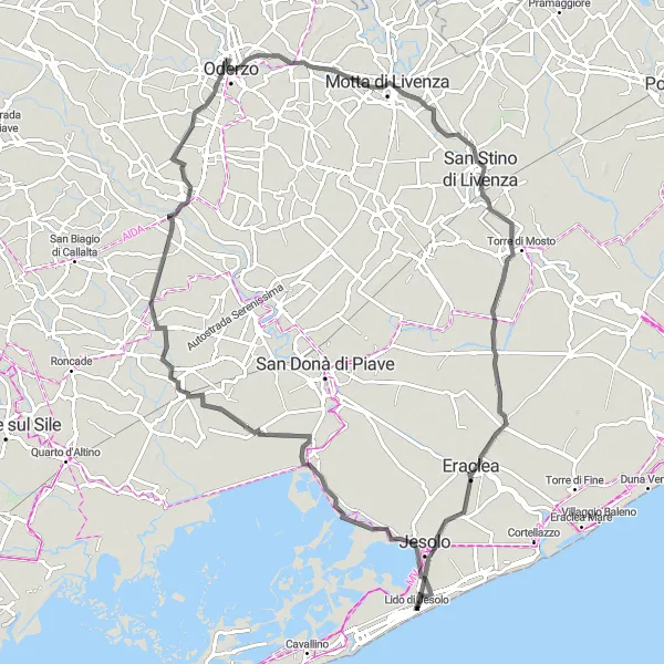 Map miniature of "Jesolo and the Venetian Countryside" cycling inspiration in Veneto, Italy. Generated by Tarmacs.app cycling route planner