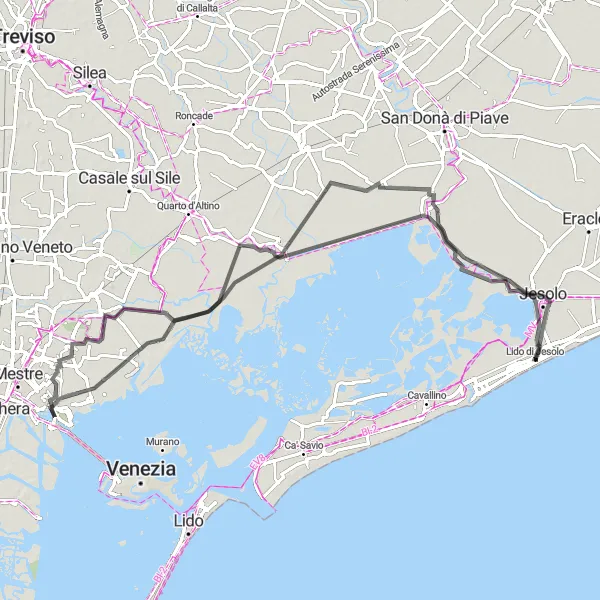 Map miniature of "Journey through Venetian Villages" cycling inspiration in Veneto, Italy. Generated by Tarmacs.app cycling route planner