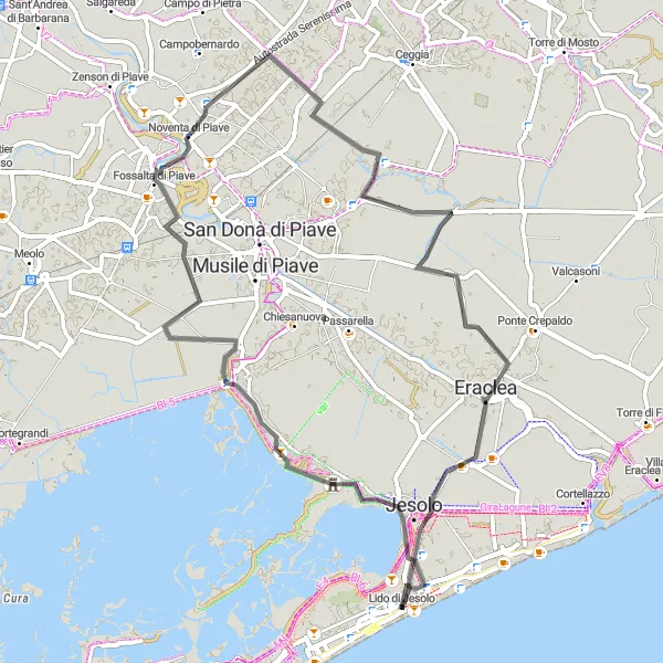 Miniaturní mapa "Silniční cyklotrasa od Lido di Jesolo" inspirace pro cyklisty v oblasti Veneto, Italy. Vytvořeno pomocí plánovače tras Tarmacs.app