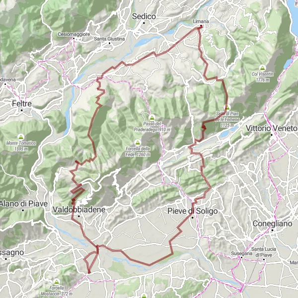 Map miniature of "Gravel exploration through Prosecco vineyards" cycling inspiration in Veneto, Italy. Generated by Tarmacs.app cycling route planner