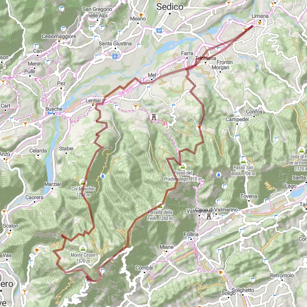 Miniature de la carte de l'inspiration cycliste "Itinéraire de VTT de Limana à Lentiai" dans la Veneto, Italy. Générée par le planificateur d'itinéraire cycliste Tarmacs.app