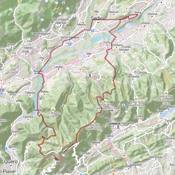 Miniature de la carte de l'inspiration cycliste "Parcours VTT de Praderadego à Santa Giustina" dans la Veneto, Italy. Générée par le planificateur d'itinéraire cycliste Tarmacs.app