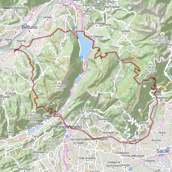 Kartminiatyr av "Grusväg till Monte Cor" cykelinspiration i Veneto, Italy. Genererad av Tarmacs.app cykelruttplanerare