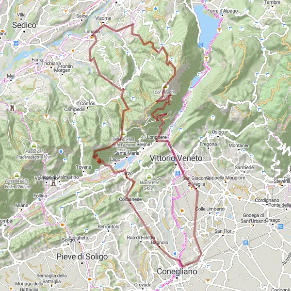 Miniature de la carte de l'inspiration cycliste "Parcours de Vélo tout-terrain de Limana à Giaon" dans la Veneto, Italy. Générée par le planificateur d'itinéraire cycliste Tarmacs.app