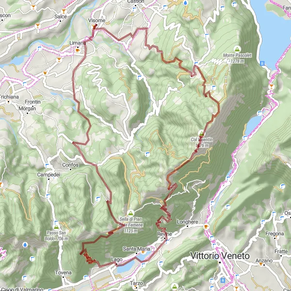 Map miniature of "Nevegal and Monte Comun Gravel Adventure" cycling inspiration in Veneto, Italy. Generated by Tarmacs.app cycling route planner