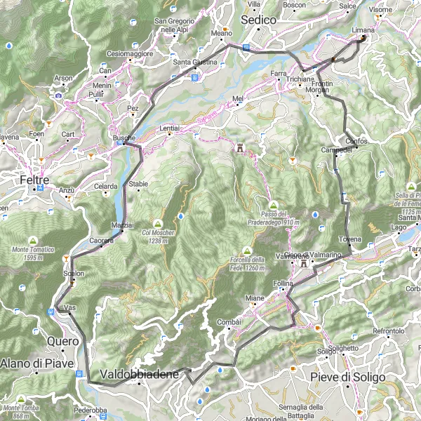 Miniatua del mapa de inspiración ciclista "Ruta de ciclismo de carretera a través de los impresionantes paisajes de Veneto" en Veneto, Italy. Generado por Tarmacs.app planificador de rutas ciclistas