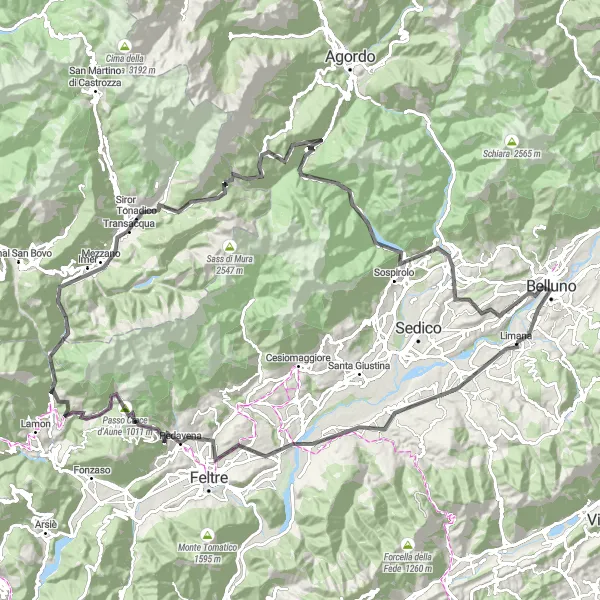 Miniature de la carte de l'inspiration cycliste "Itinéraire Cycliste sur Route de Limana à Belluno" dans la Veneto, Italy. Générée par le planificateur d'itinéraire cycliste Tarmacs.app